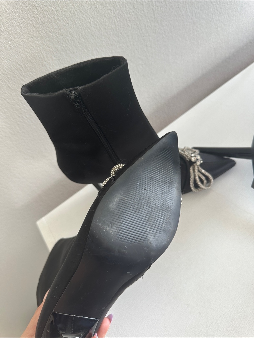 Steve Madden Black Pointed-Toe Ankle Booties with Rhinestone Bow - Picture 4 of 5
